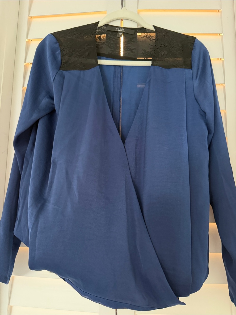GUESS Blue Wrap-Front Blouse with Black Lace Yoke